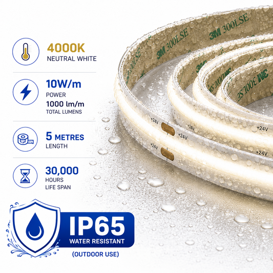 LED Tape COB 10W/M Cool White 4000K IP65 - 5M Reel