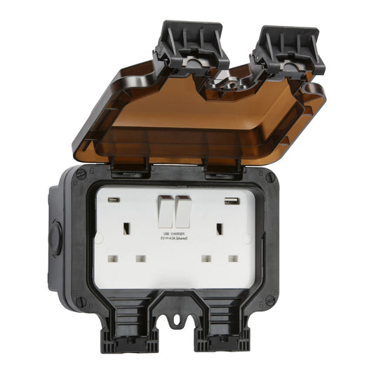Knightsbridge OP94 IP66 2G socket with dual USB black