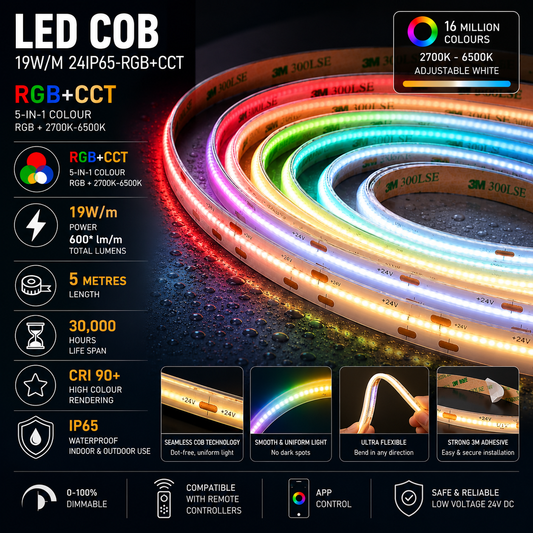LED Tape COB 21W/M RGB+CCT IP65 - 5M Reel