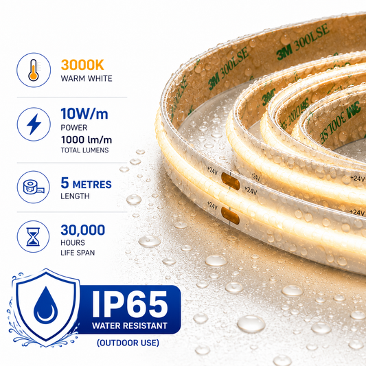 LED Tape COB 10W/M Warm White 3000K IP65 - 5M Reel