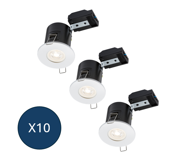 The 230V IP20 Fixed GU10 Fire-Rated Downlight – Chrome (Pack of 10) offers modern style and safety with a 90-minute fire rating
